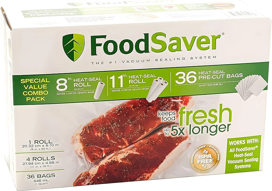 FoodSaver B005SIQKR6 Special Value Vacuum Seal Combo Pack 1-8" 4-11" Rolls, 1Pack (36 Pre-Cut Bags), Clear