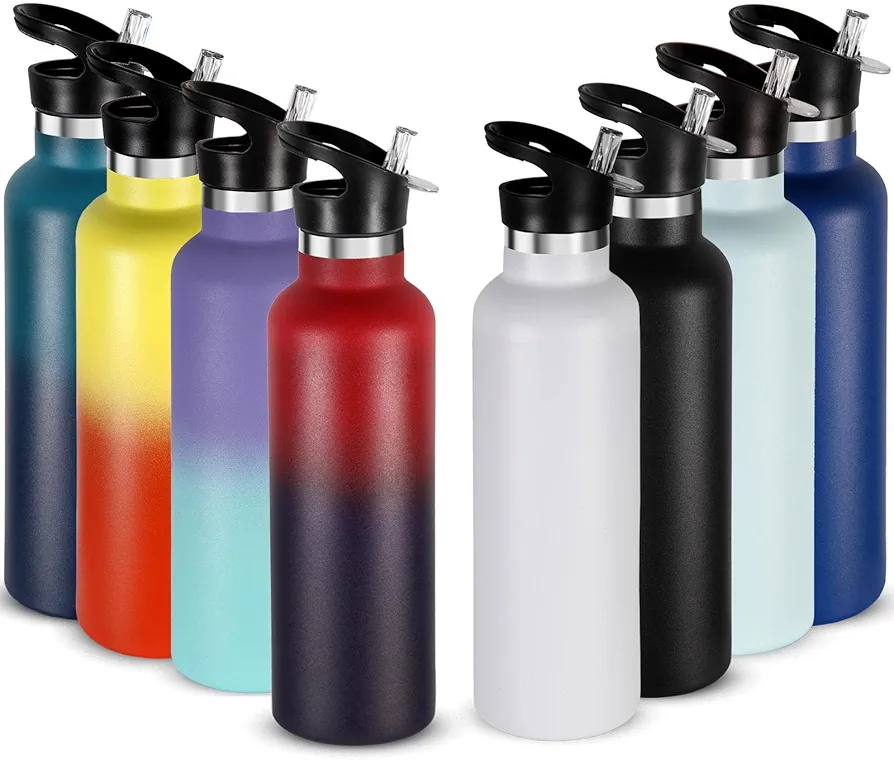 Neihepal 24oz Insulated Water Bottles Bulk 8 Pack,Stainless Steel Double Wall Sport Bottle with Straw Lid,Metal Cup Reusable Thermoses with Hand Cap for School,Cyclists,Hikers,Gift(Assorted,8 Count)