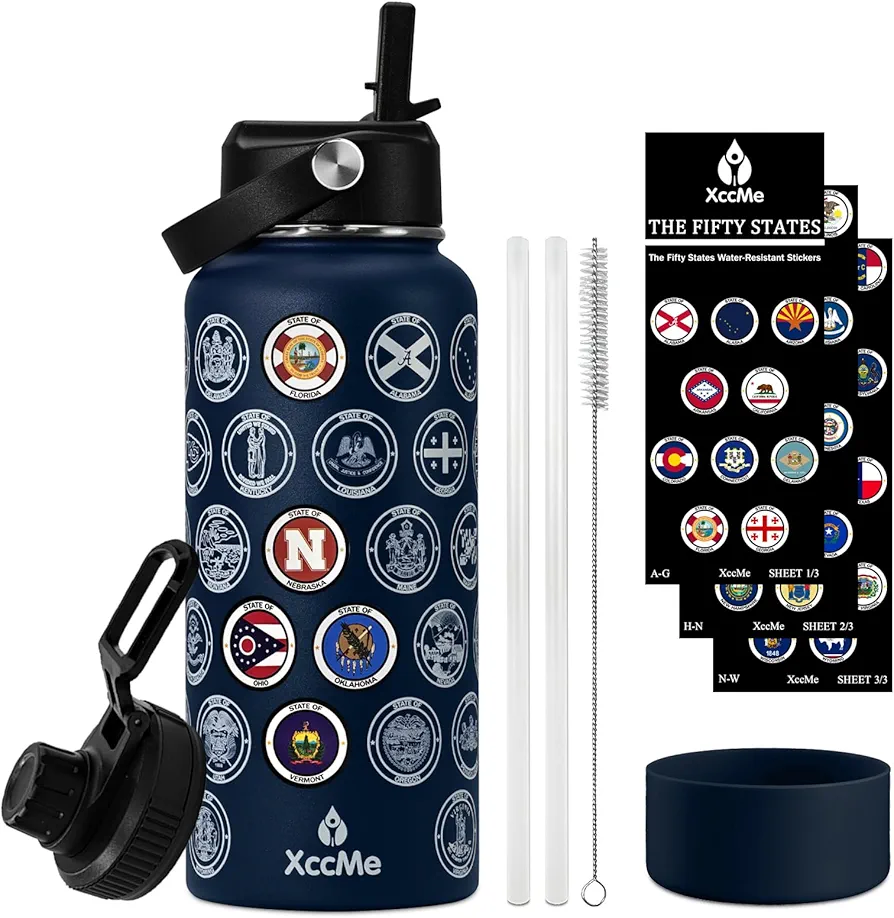 50 States Travel Water Bottle with Stickers and Straw,32 oz Insulated Stainless Steel Water Bottle with 2 Lids,Silicone Boot,Bucket List Travel Water Bottle Sealed and Leak Proof (Blue)