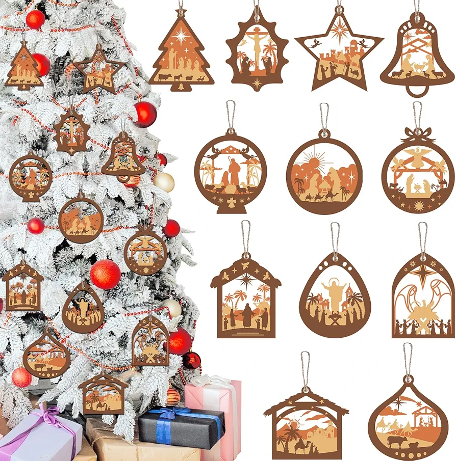 12 Pieces Wooden Christmas Ornaments Nativity Scene Ornaments Jesus Xmas Tree Hanging Christian Religion Bible Winter Holiday 3D Indoor Outdoor Decoration Nativity Scene Keepsake