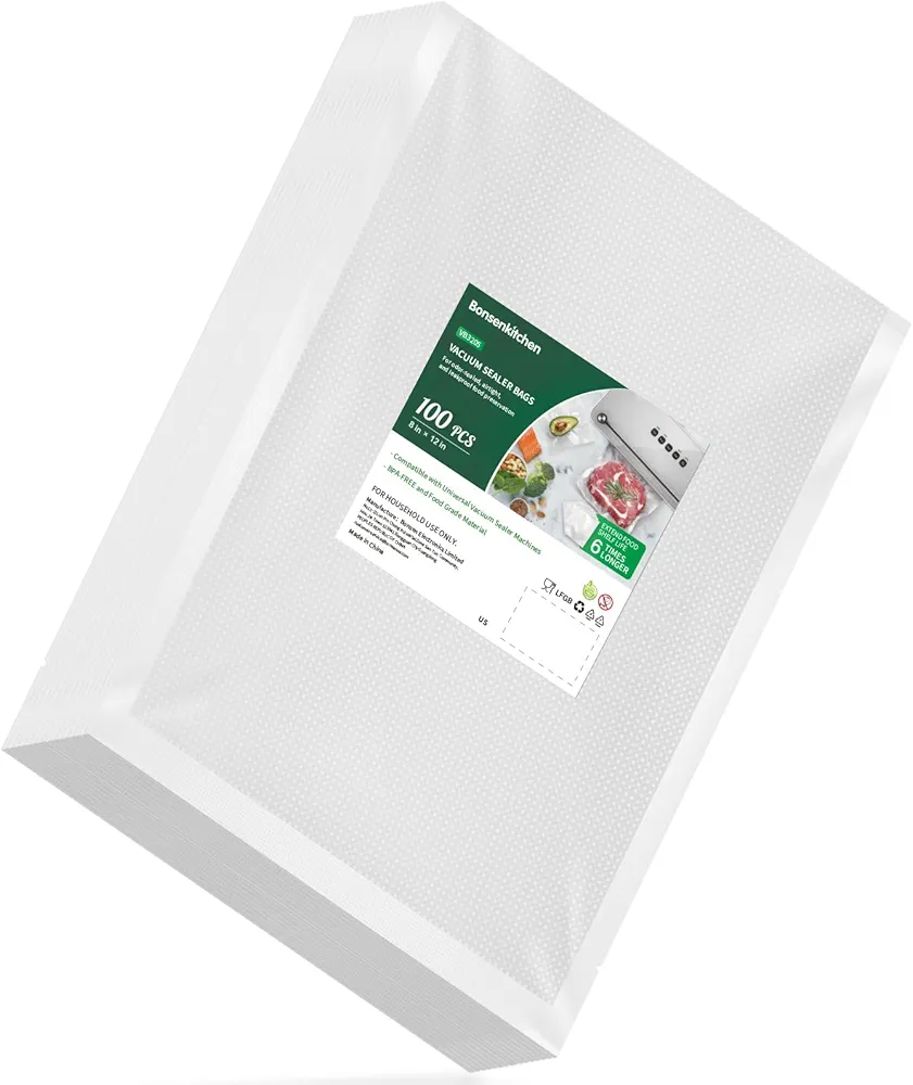Bonsenkitchen Precut Vacuum Food Sealer Bags 100 Quart 8" x 12", BPA Free, Commercial Grade Textured Food Vacuum Sealer Bag, Thick Embossed Bags for Food Storage and Sous Vide Cooking VB3205