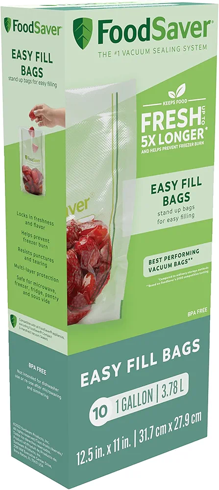 FoodSaver Easy Fill 1-Gallon Vacuum Sealer Bags | Commercial Grade and Reusable | 10 Count