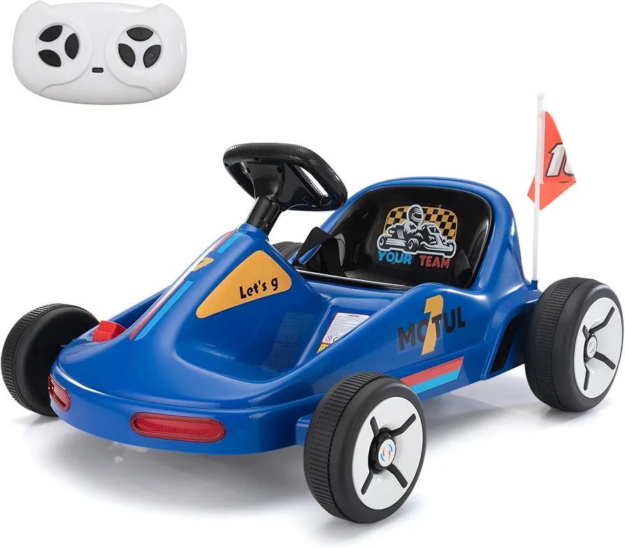 TOBBI Electric Go Kart for Kids, 12V Ride on Car Outdoor Pedal Race Toy with Music, Remote Control, Flashing Lighting, for 3-8 Years Old, Blue