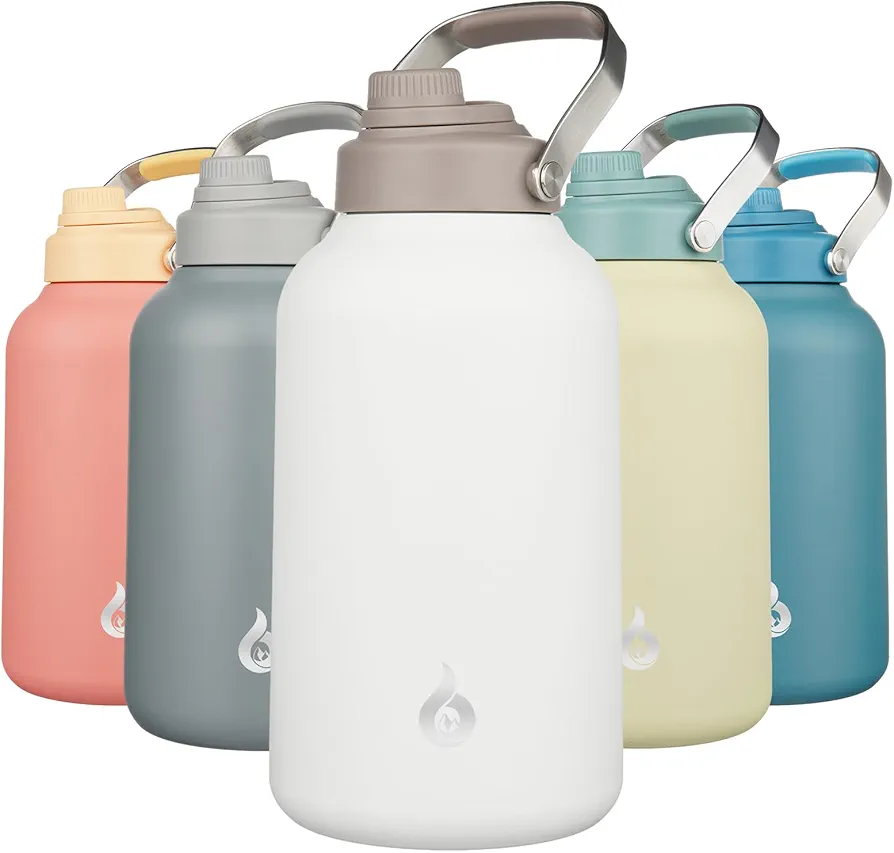 BJPKPK 1 Gallon Water Bottle Insulated, Dishwasher Safe 128oz Large Water Jug with Metal Handle & BPA Free Spout Lid, Stainless Steel Metal Water Bottle for Gym, Sports & Hiking, Milky White