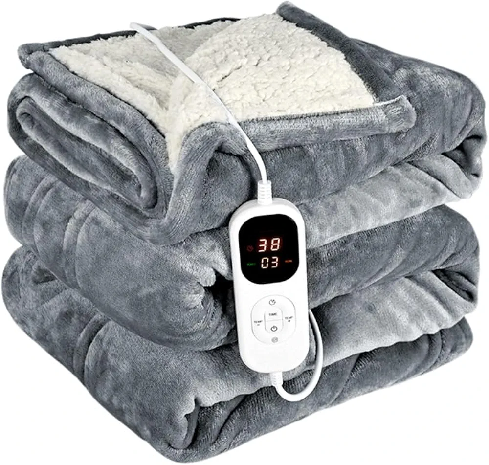 Heated Blanket Electric Throw - 59"x70" Heating Blanket Throw 150W Auto-Off 6 Heat Levels Heat Blanket Over-Heat Protection Flannel Sherpa Heater Blanket Grey Skin Friendly Materials Machine Washable
