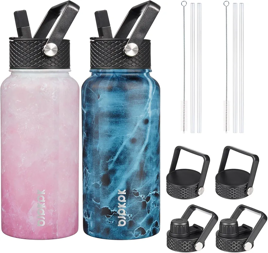 BJPKPK 2 Pack Insulated Water Bottles with Straw Lids, 27oz Stainless Steel Metal Water Bottle with 6 Lids, Leak Proof BPA Free Thermos, Cups, Flasks for Travel, Sports (Blossom+Ocean)