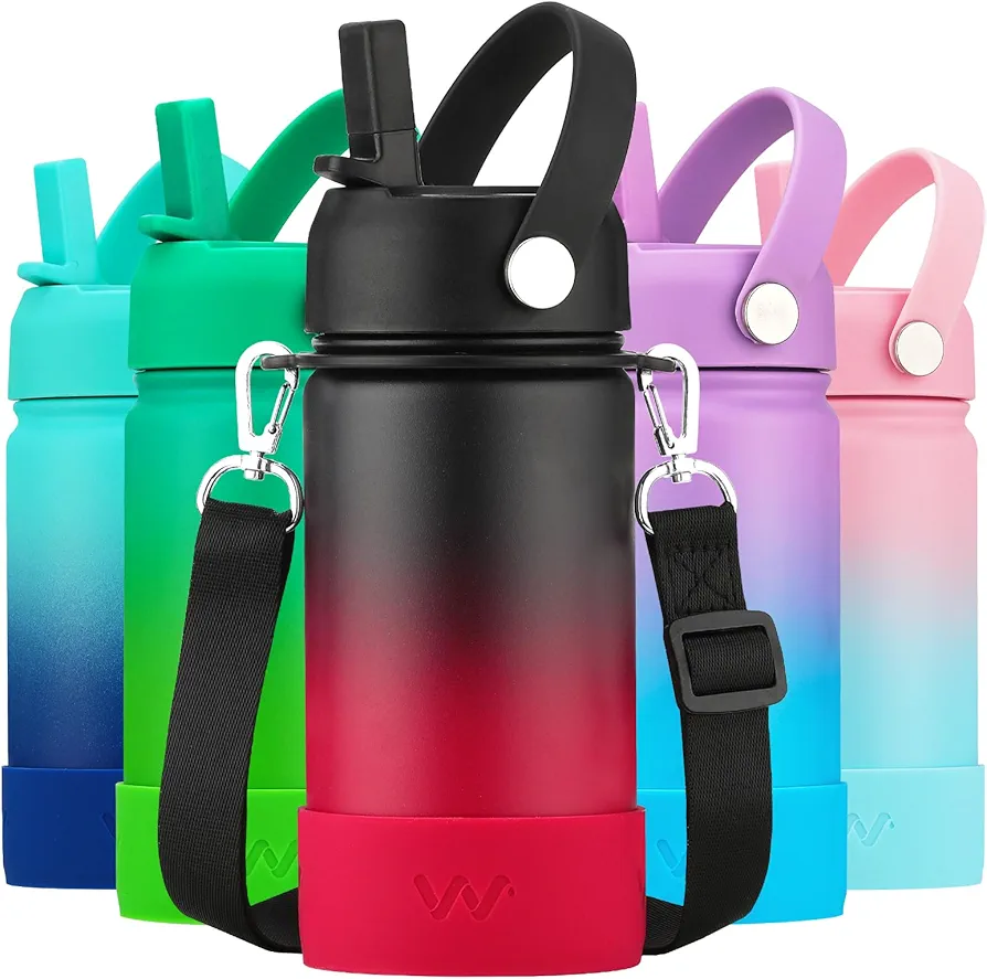 WEREWOLVES Kids Water Bottle with Straw Lid, Shoulder Strap and Boot - Insulated Stainless Steel, Reusable Leakproof Metal Water Bottles for School (Black Red, 14 oz)