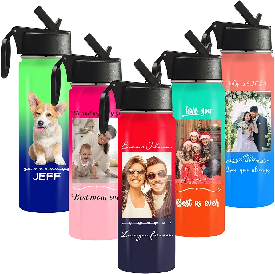 Personalized Photo Water Bottle for Boyfriend Husband Custom Insulated Stainless Steel Sports Water Bottle with Picture Text for Him Her Gifts for Birthday Anniversary Christmas Gradient