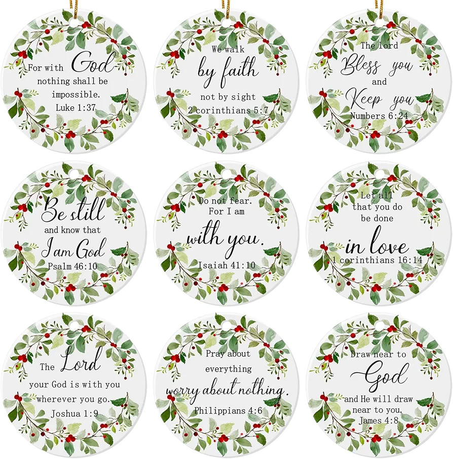 9 Pcs Christian Christmas Ornaments Jesus Christmas Ornaments Bible Verse Christmas Tree Hanging Ornaments Christian Inspirational Quote Religious Ceramic Ornaments for Christmas Tree Home Decor Gifts