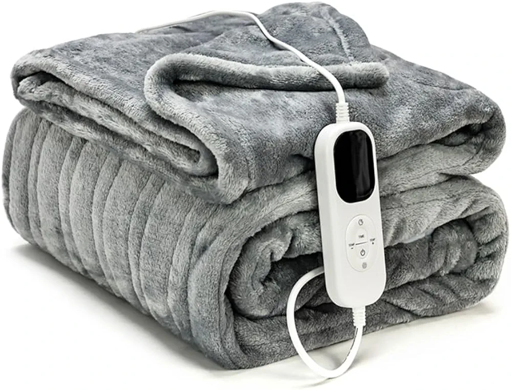 Heated Blanket Electric Throw - 59"x70" Heating Blanket Throw 150W Auto-Off 6 Heat Levels Heat Blanket Over-Heat Protection Grey Skin Friendly Materials Flannel Machine Washable Stitching