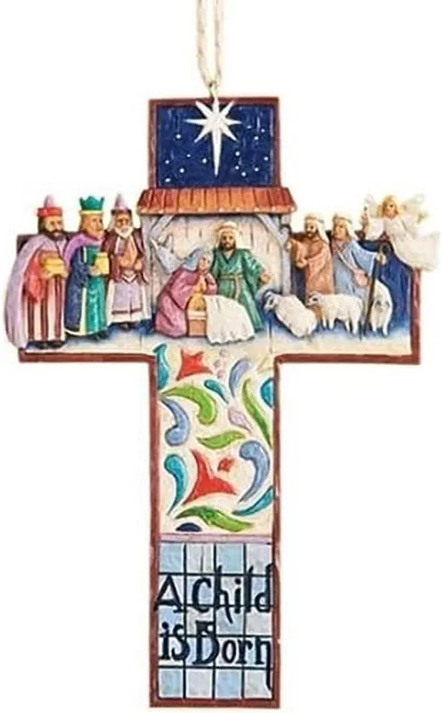 Jim Shore Heartwood Creek Cross Nativity Scene Stone Resin Hanging Ornament, 4.75”