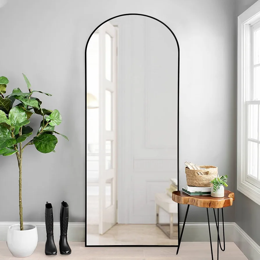 NeuType Arched Full Length Mirror Standing Hanging or Leaning Against Wall, Oversized Large Bedroom Mirror Floor Mirror Dressing Mirror, Aluminum Alloy Thin Frame, Black, 65"x22"