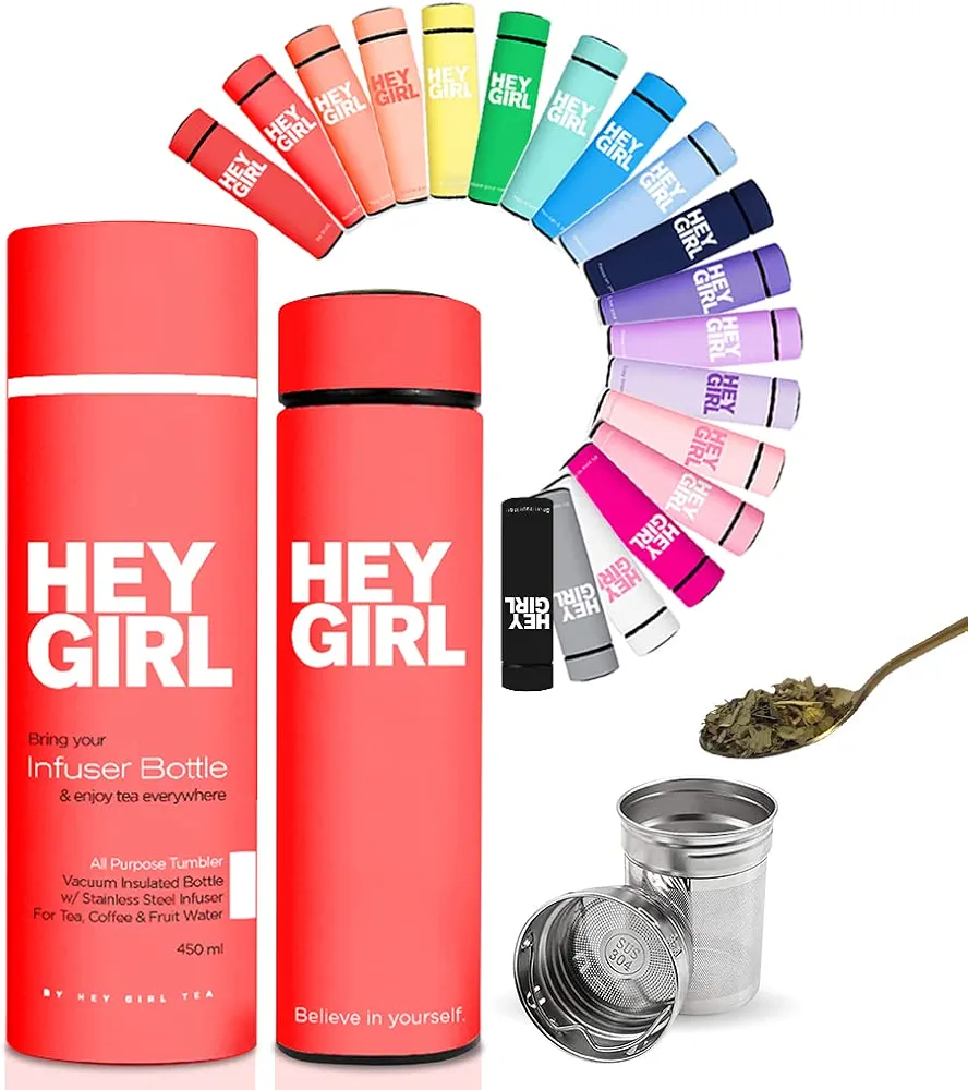 Hey Girl Tea Infuser Bottle 450ml - Insulated Stainless Steel Water Bottle - Thermos Tea Tumbler with Tea Diffuser - Portable Travel Mug for Loose Leaf Tea & Infused Water - Tea Lovers Gifts for Women