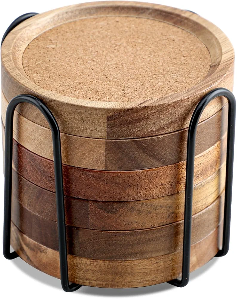 Wood Coasters for Drinks Absorbent with Holder, Acacia Wood Cork Coaster Rustic Coasters for Coffee Table Dining Table Wooden Table Coasters for Farmhouse Desk, Set of 6