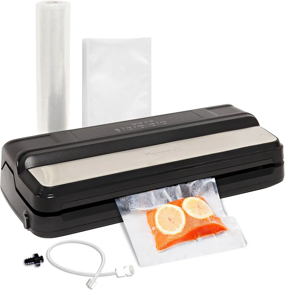 Kenmore Vacuum Sealer Machine for Food Storage with 7 Preset Modes Dry/Moist Normal/Gentle Pulse Seal Canister Bottle Stopper 16 Ft Bag Roll 10 Bags Stainless Steel