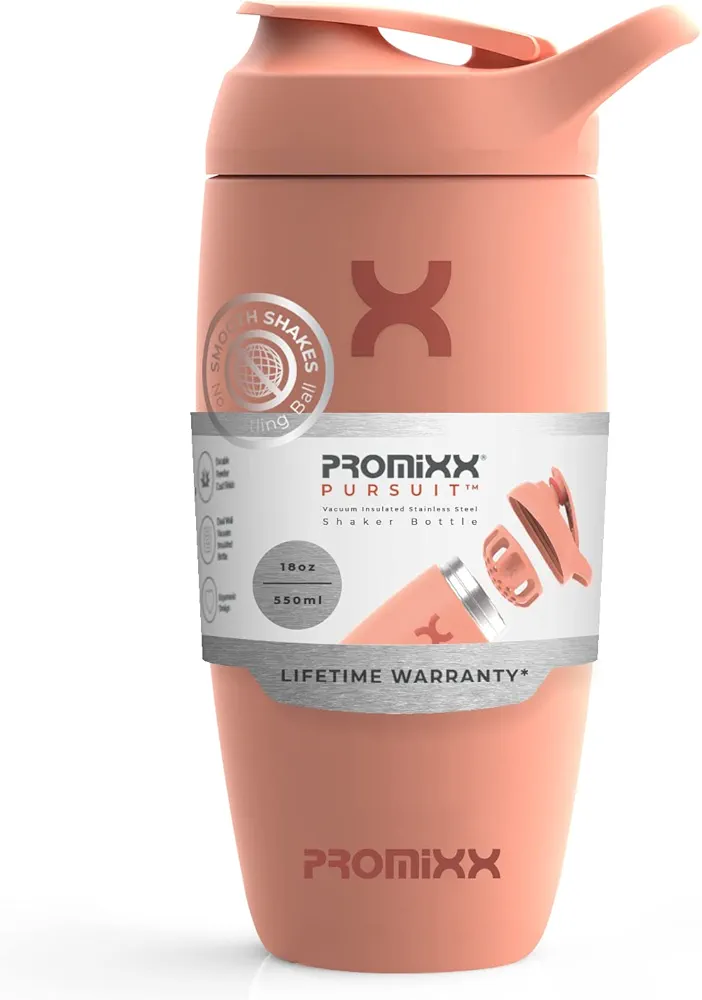 Promixx Pursuit Shaker Bottle Insulated Stainless Steel Water Bottle and Blender Cup, 18oz, Coral