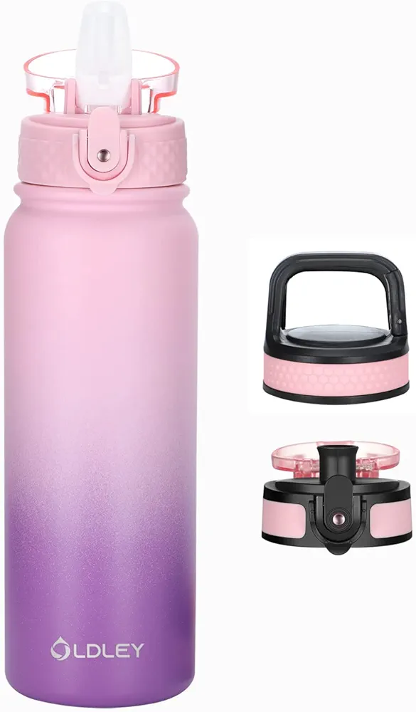 Oldley Water Bottles 20 oz Insulated Water Bottle with Straw 3 Lids,Vacuum Stainless Steel Water Bottles, Leak & Sweat Proof Sport Water Bottle Gym for Kids Adults