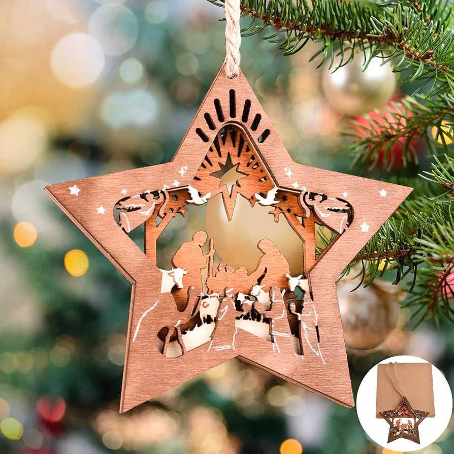 Nativity Scene Ornament for Christmas Tree, 2024 Religious Christian Xmas Tree Hanging Decor, Wooden Star Jesus Ornament Keepsake Gifts
