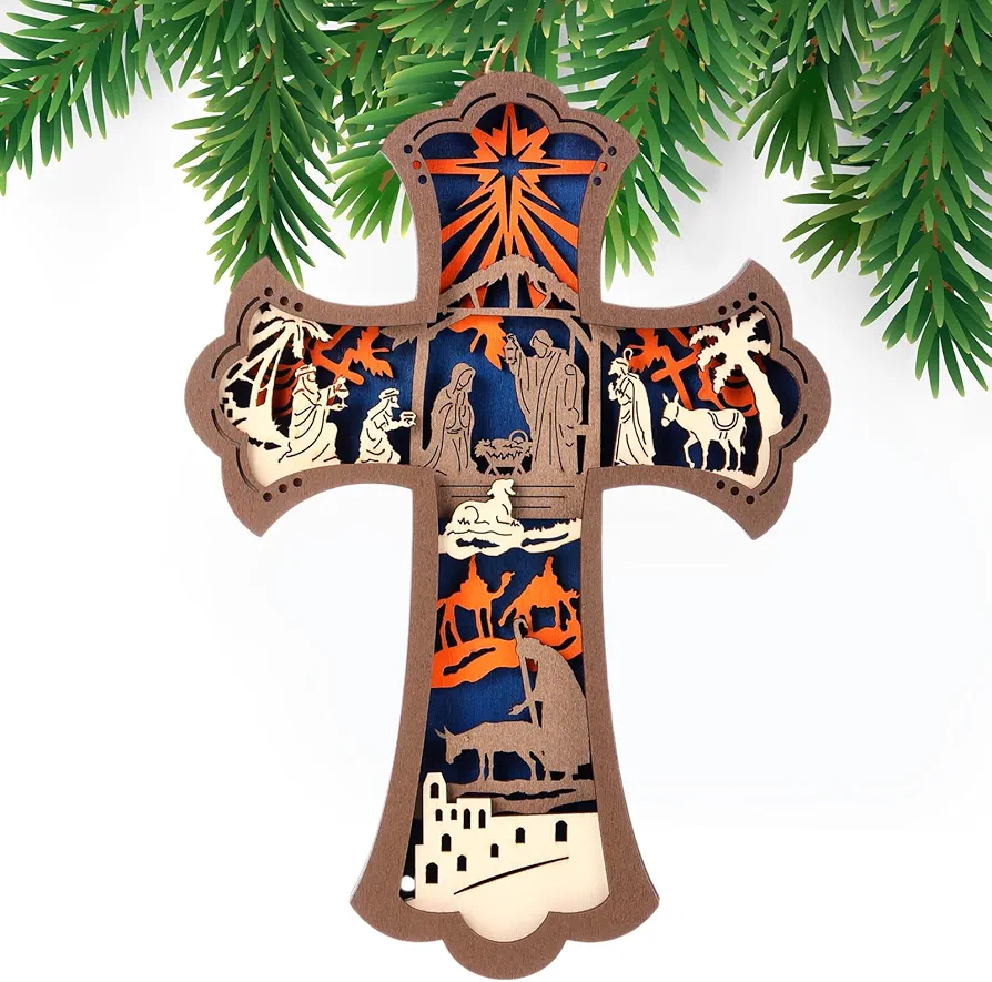 Thyle Large Nativity Cross Ornaments for Christmas Wooden Christian Decoration for Christmas Tree Hanging Religious Holiday Family Decoration Xmas Scene Keepsake for Wall Door Fireplace Gift