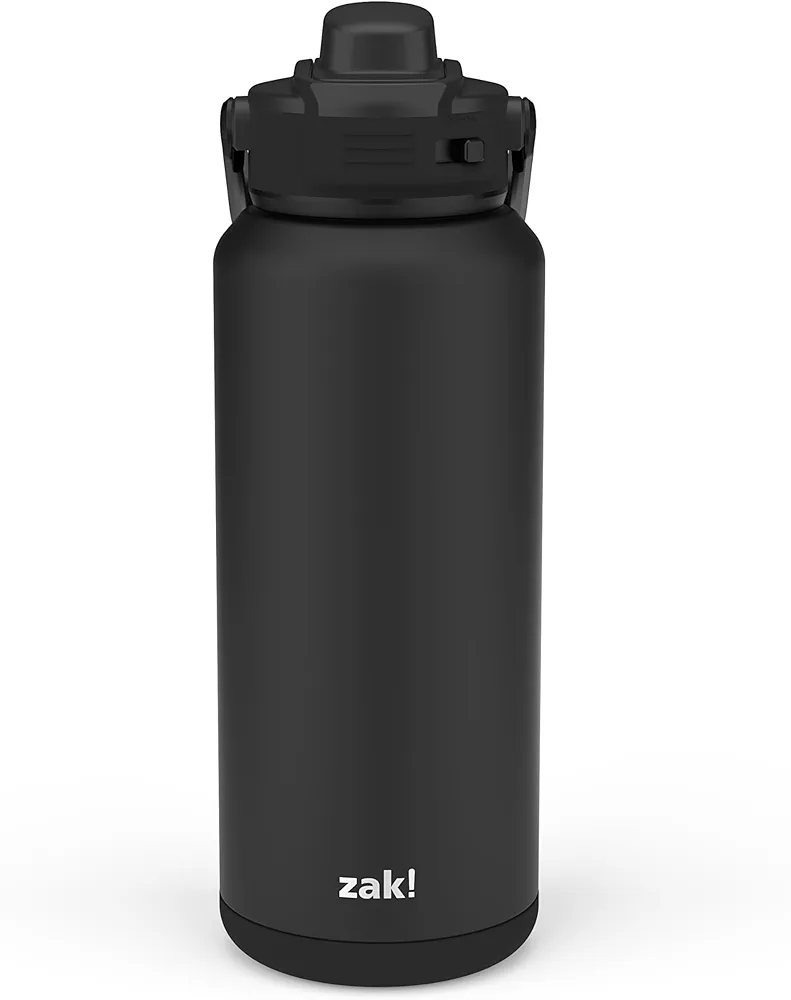 Zak Designs Beacon Straw Lid Water Bottle for Travel or At Home, 32oz Stainless Steel is Leak-Proof and Vacuum Insulated with Silicone Spout, Cover, Carry Handle, Protective Base (Ebony Black)