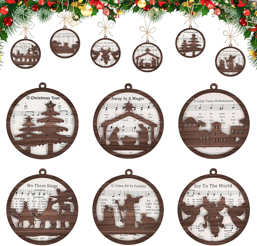6Pcs Music Sheet Nativity Ornament Wooden Catholic Scene Ornament Christian Religious Catholic Keepsake Ideas Gift for Family Friend Pastor Blessing Birth of Jesus Home Holiday Xmas Tree Décor