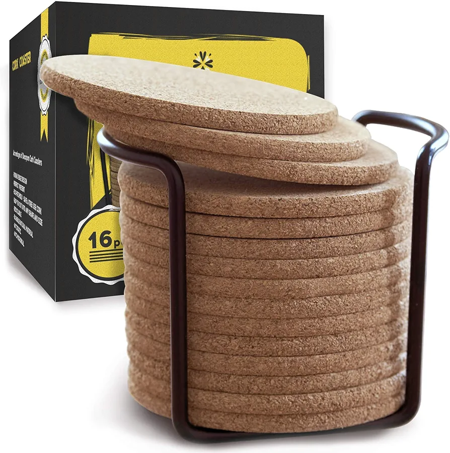 Cork Coasters for Drinks with Metal Holder - 16 Pcs Round 4 inch Drink Coaster Thick Absorbent Heat-Resistant Saucer - Used for Cold Hot Beverages Glasses Mugs Cups Plants Apartment Decor Bar Table