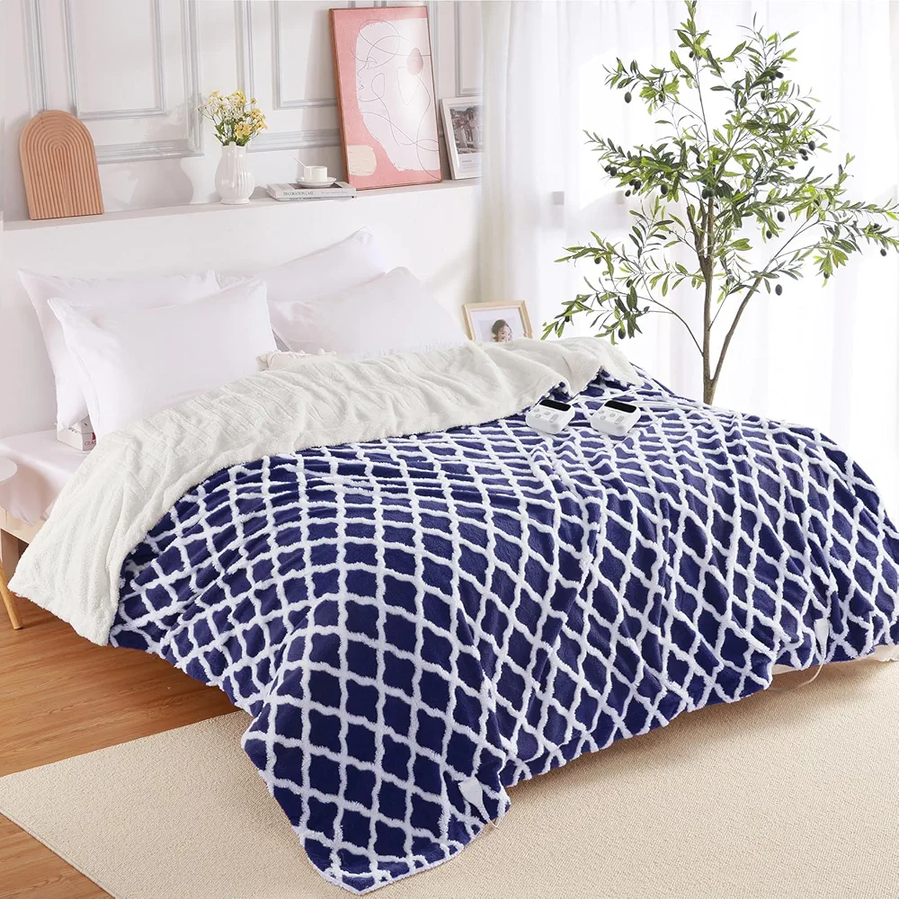 CAROMIO Heated Blanket King with Dual Control, Sherpa Tufted Electric Blanket with 6 Heat Levels, 20 Time Models, Soft Thicken Heating Throw Blankets for Adults with UL Certification, Navy, 100"× 90"