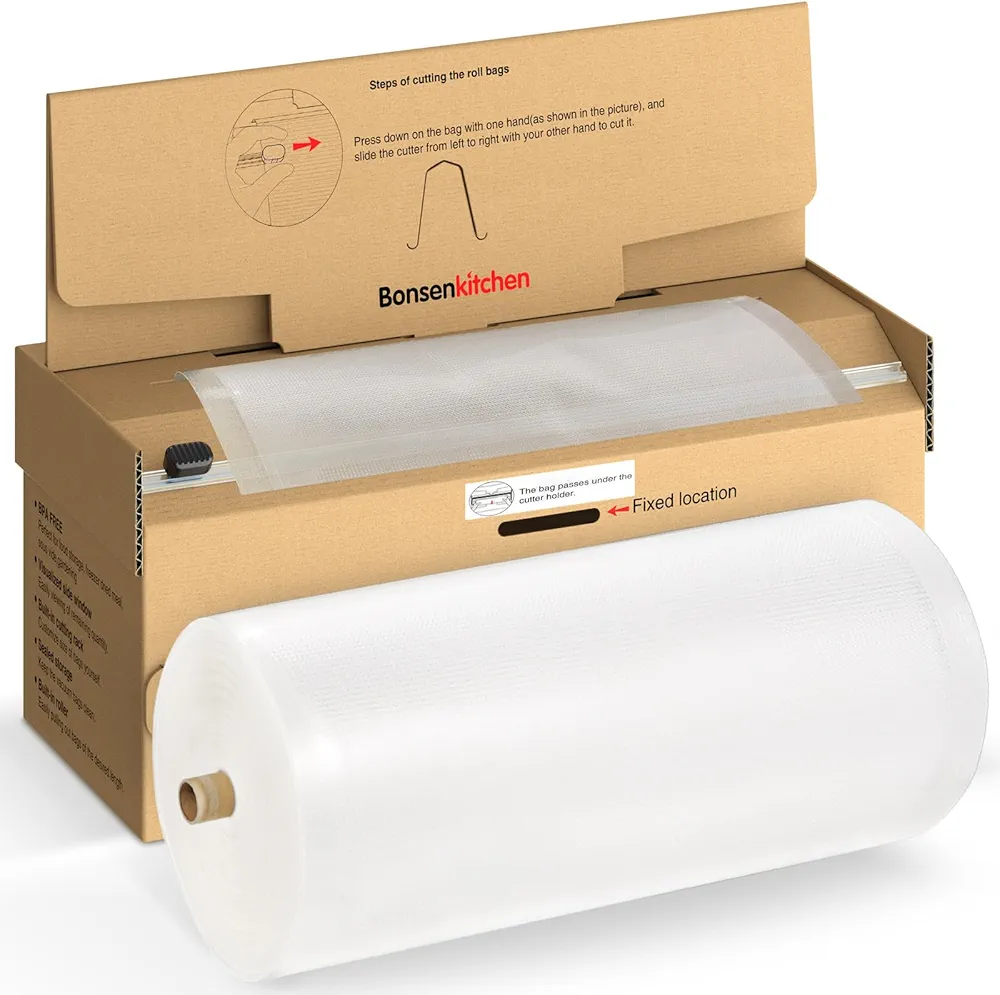 Bonsenkitchen 11” x 150’ Food Vacuum Seal Roll Keeper with Cutter, Vacuum Sealer Bags Rolls for Food Storage, Commercial Grade, BPA Free, Great for Meal Prep and Sous Vide Cooking