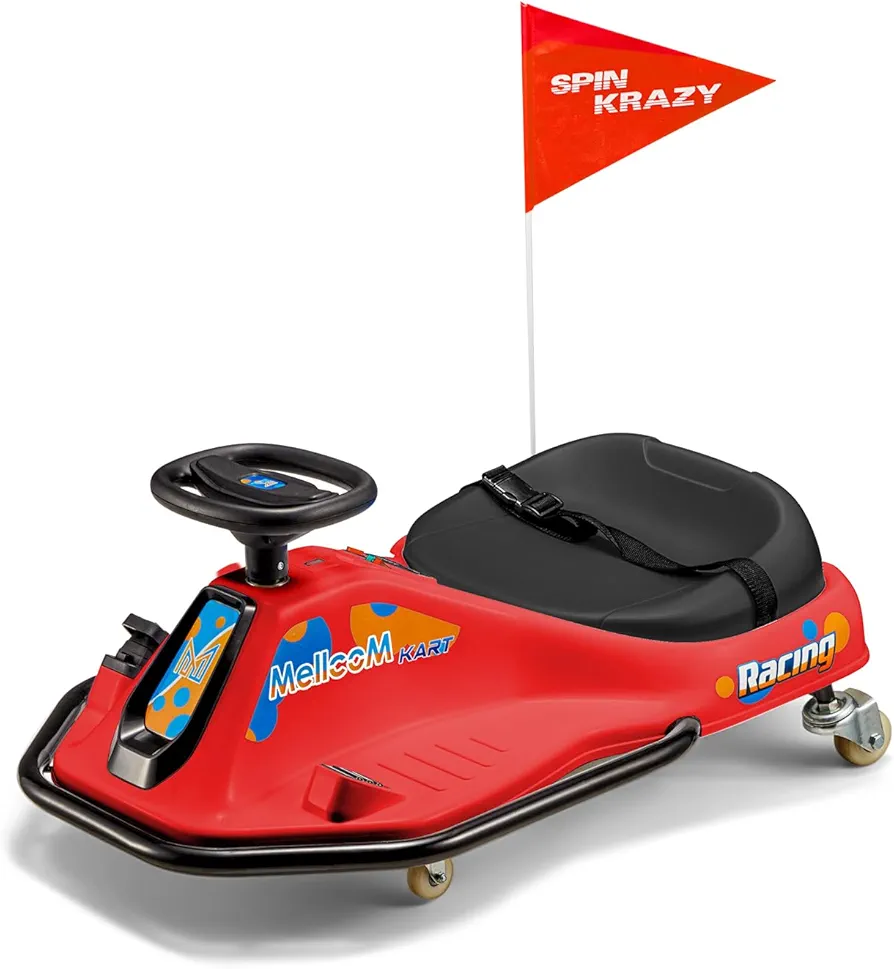MELLCOM 24V Electric Drifting Go Kart for Kids, Ride on Drift Car with 360°Rotatable Universal Wheels, Kids Electric Toy Car with Acceleration Pedal, Bluetooth, Music, LED Lights, Flag, Red