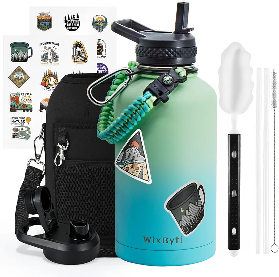 64 oz Insulated Water Bottle with Straw (Cold for 48 Hrs), Half Gallon Stainless Steel Triple Wall Vacuum Sports Water Jug, Leakproof Hydro Cup Flask with Straw Spout Lids & DIY Stickers