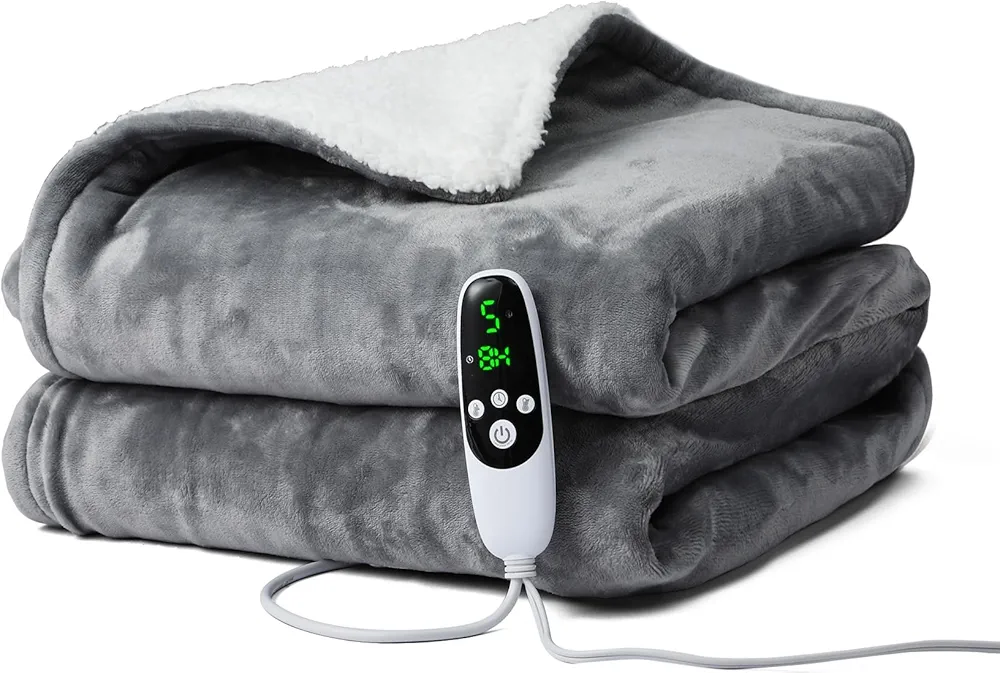 PASAMIC Flannel Sherpa Electric Blanket Full, Heated Blanket with 9 Heat & 12 Timer Settings, Heating Blanket with Auto Shut-Off & Overheat Protection, Machine Washable, ETL Certified, 72x84 in, Gray