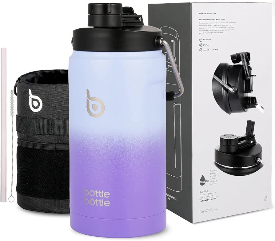 BOTTLE BOTTLE Insulated Water Bottle 64 oz with Straw and Dual-use Lid Half Gallon Water Jug Vacuum Stainless Steel for Workout and Sports Insulated Beer Growler with Handle（Purple Gradient）