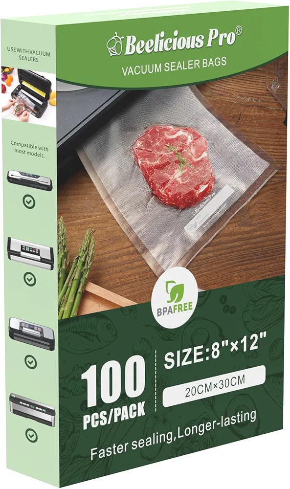 Precut Vacuum Sealer Bags for Food Storage 100 Count 8" x 12" with BPA-Free, Heavy Duty, Commercial Vacuum Seal Bags for Sous Vide & Seal a Meal