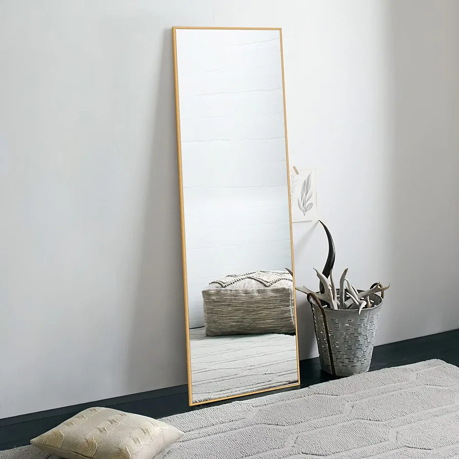 NeuType 59"x16" Full Length Mirror with Standing Holder Aluminum Alloy Frame Floor Mirror Wall-Mounted Mirror for Living Room, Bedroom, Hanging or Leaning Against Wall, Golden (with Stand)