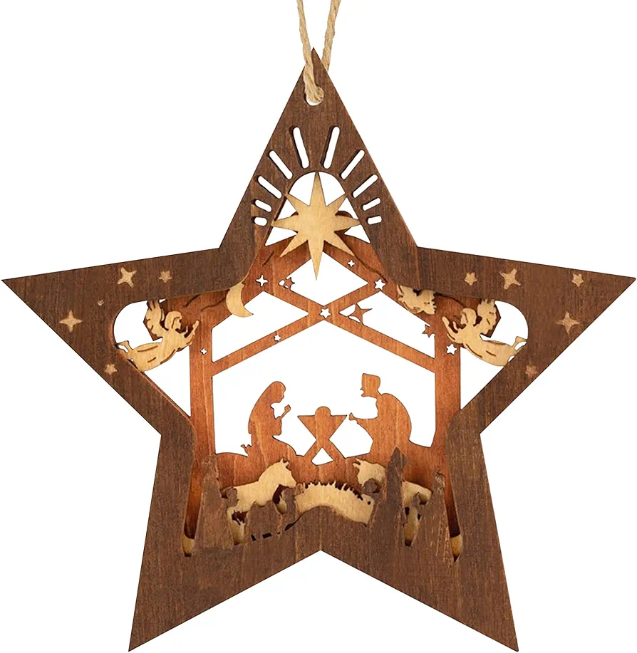 Christmas Nativity Scene Ornaments,Wooden Hanging Ornament Multilayer Star Shaped Nativity Christmas Tree Ornaments Keepsake The Birth of Jesus Decor Religious Gift for Family, Friends,Christian