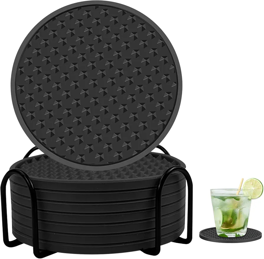 Coasters for Drinks with Holder-Silicone Black Coasters Set of 8-Cup Coasters for Coffee Table-Cup Mat Drink Coasters for Tabletop Protection and Home Decor