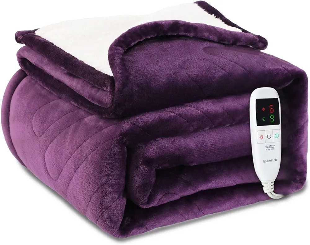 Electric Blanket Purple Heated Throw - 62"×84" Super Soft Flannel Sherpa Heated Blanket with 6 Heating Levels, 1-9hrs Timer Auto Shut Off Fast Heating Over-Heated Protection