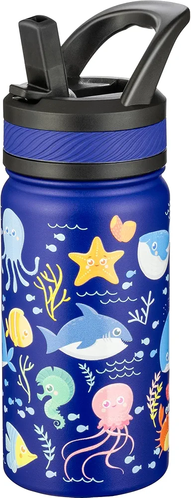 Fanhaw 14 Oz Kids Insulated Water Bottle with Straw - Stainless Steel Double Wall Vacuum Cup, Leakproof, BPA Free, Suitable for Boys and Girls(Blue - Ocean)