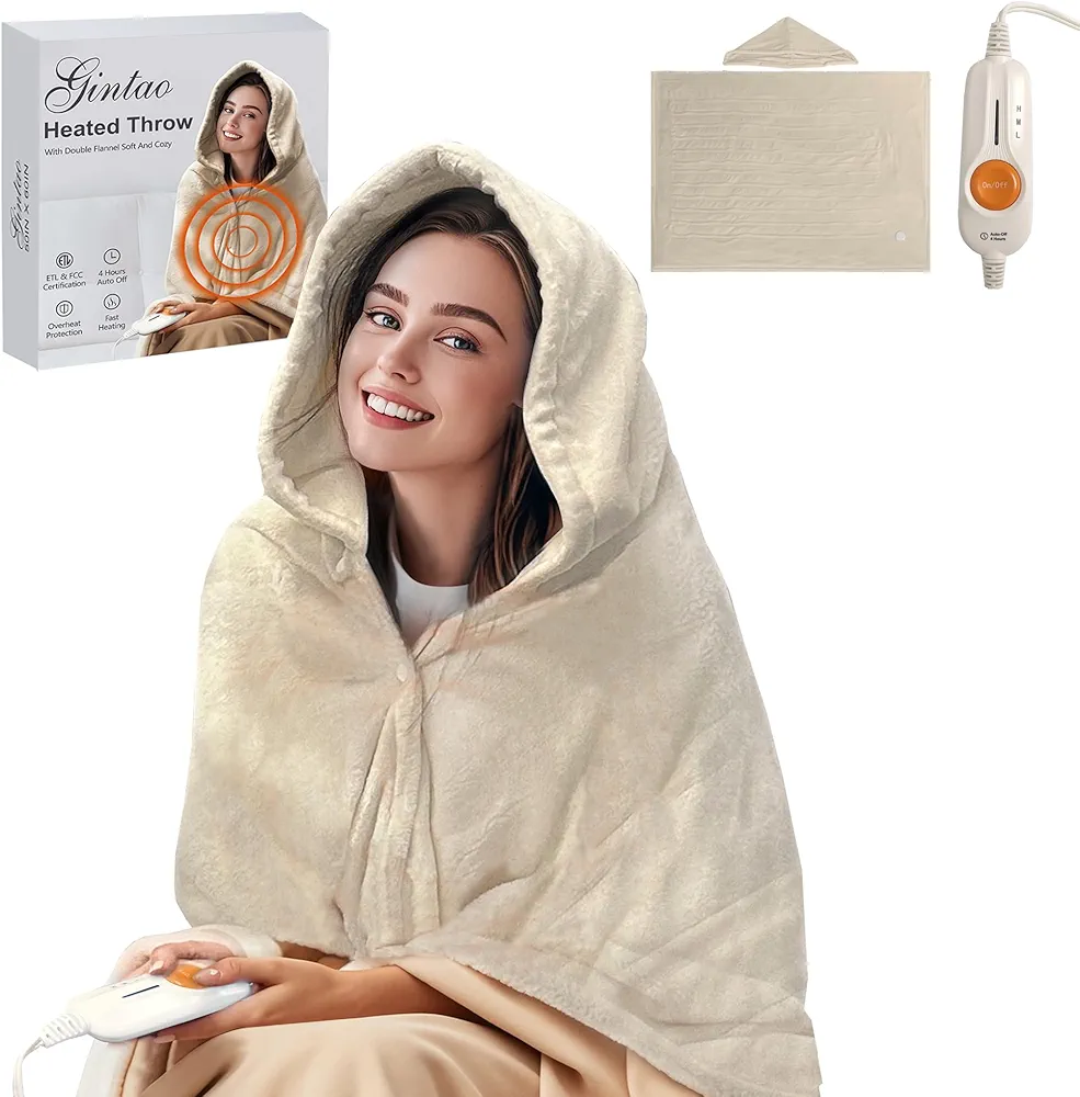 Gintao Wearable Heated Blanket Throw,Double Flannel Electric Blanket with 3 Heating Levels,ETL&FCC Certified, 4 Hours Auto Off Overheat Protection Heating Blanket for Home Office,Gifts,50"x60" Beige