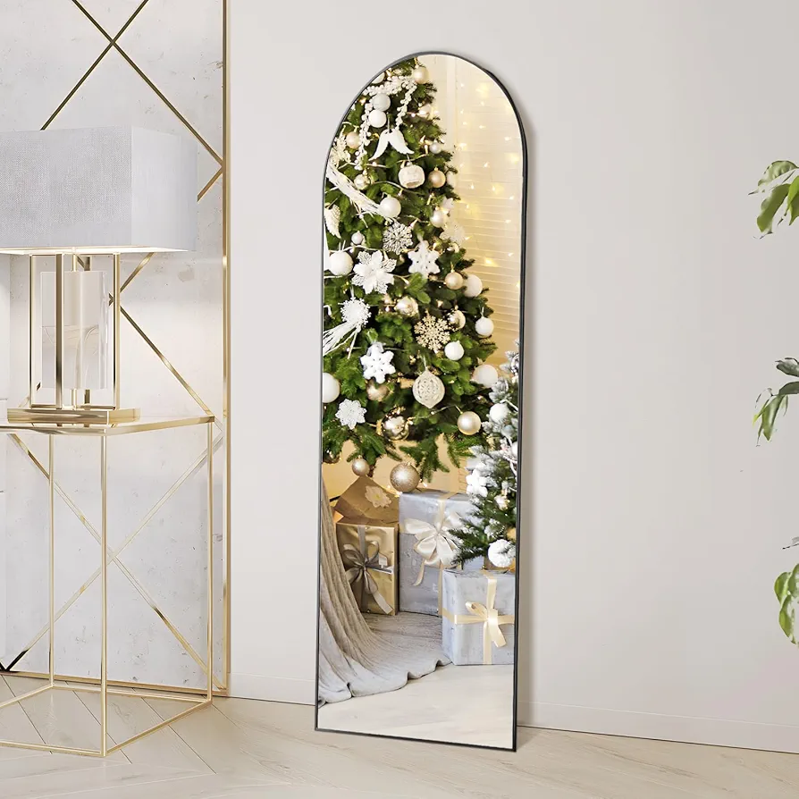 Sweetcrispy Arched Full Length Mirror with Stand, 59"x16" Floor Mirror with Aluminum Alloy Frame for Bedroom, Standing Full Body Mirror with Shatter-proorf Nano Glass for Wall, Living Room (Black)