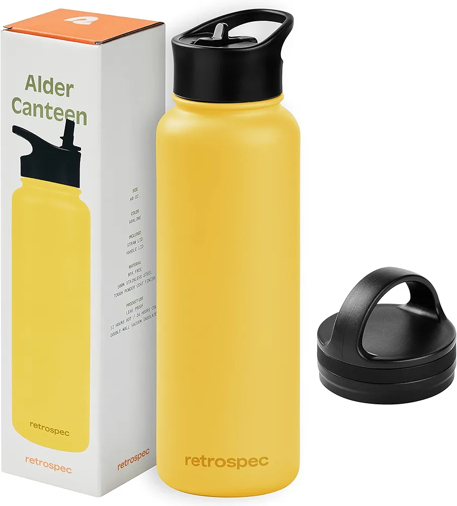 Retrospec Alder Insulated Water Bottle with Straw Lid & Handle Cap - Stainless Steel Wide Mouth Double-Wall Vacuum Insulated Thermos - BPA Free Leakproof Canteen