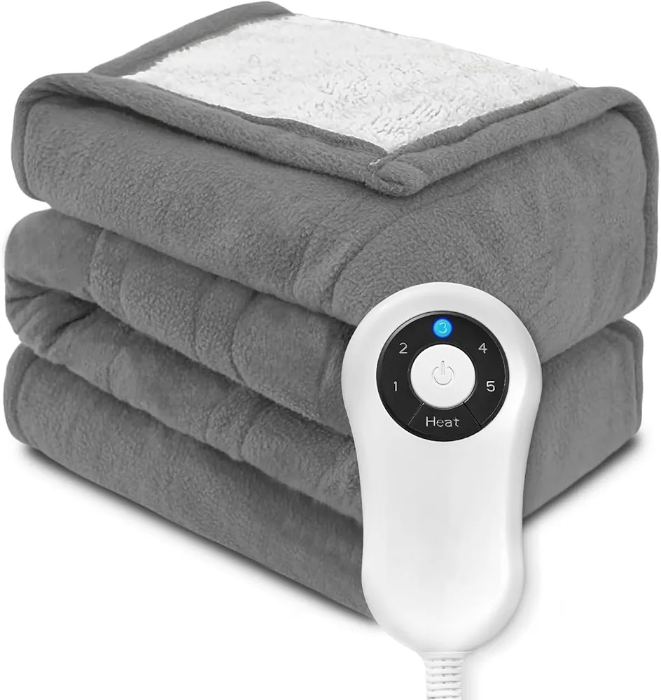 Heated Blanket Electric Throw - Sherpa & Polar Fleece Electric Blanket，Heating Blanket with 5 Heating Levels 4 Hours Auto Off Overheating Protection Machine Washable 50"x 60" Light Gray