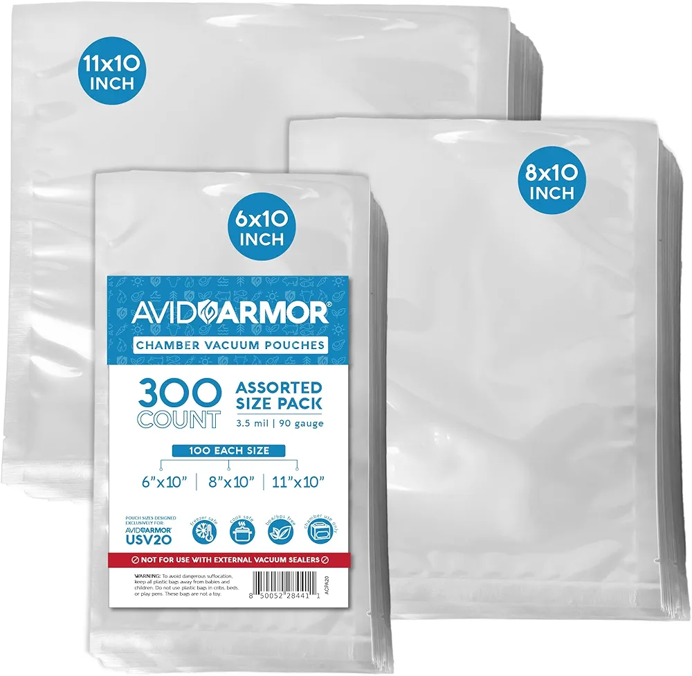 Avid Armor – Chamber Machine Pouches 3.5mil, Pre-Cut Chamber Vacuum Sealer Bags, Heavy Duty Seal Pouch, BPA-Free Chamber Sealer, Assorted Size Pack, 6"x10", 8"x10", 11"x10" - Pack of 300