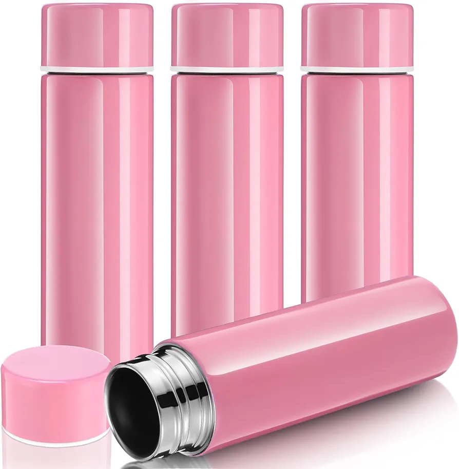 Vesici Mini Water Bottles 4.4 oz Cute Small Insulated Stainless Steel Purse Water Bottles Pocket Slim Flask Water Flask Keeps Drink Cold and Hot for Women Lunch Bag Coffee (Pink,4 Pack)