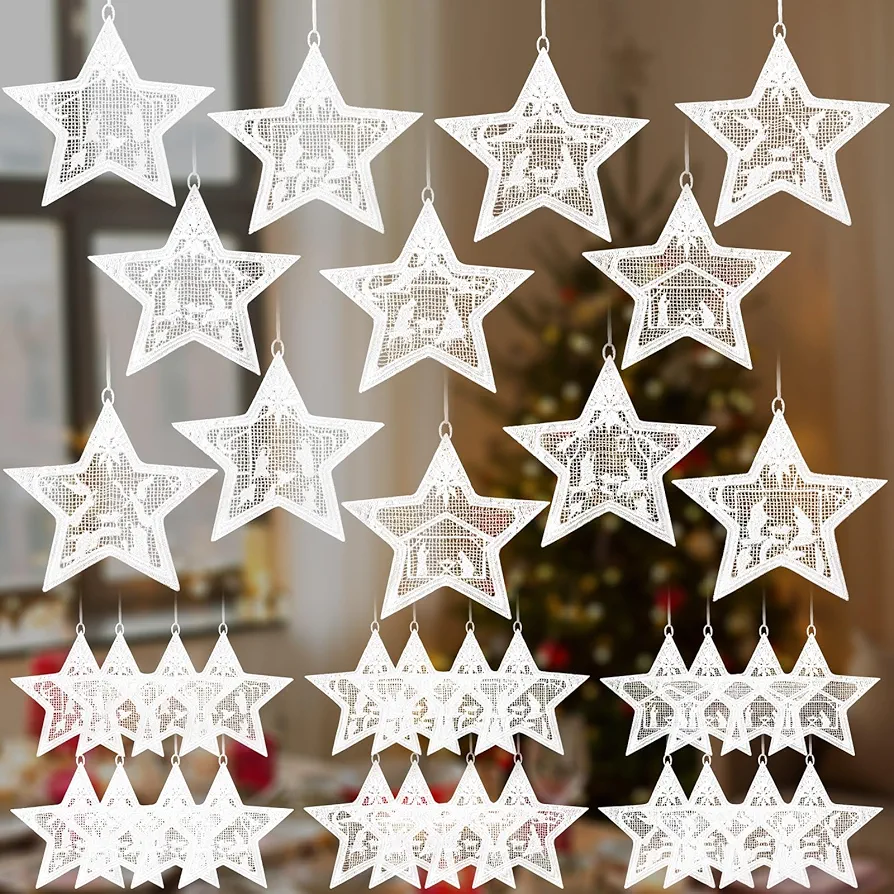 36 Pcs Crochet Nativity Scene Ornaments Christmas Hanging Ornaments White Crochet Nativity Scene Star Xmas Religious Decorations for Christmas Tree Winter Home Wall Holiday Party Gift
