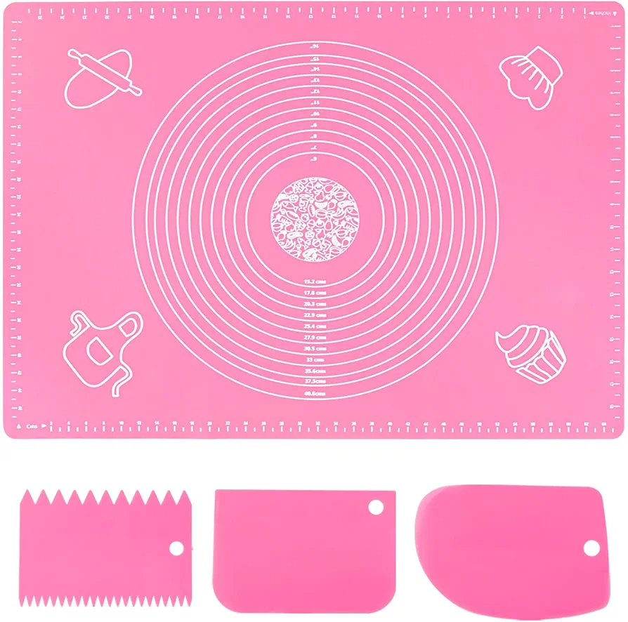 Silicone Pink 70x50cm Baking Mat Sheet Pastry Mat with Measurement, Non-Slip Pastry Rolling Mat, Non-Stick Dough Kneading Board Mat, Bread Fondant Mat, Cooking Bakeware Mat Table Placemat(Scraper)