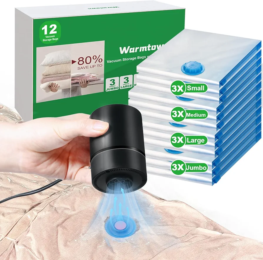 Vacuum Storage Bags with Electric Pump, 12 Combo (3J/3L/3M/3S) Space Saver Sealer Bags, Compression Bags for Comforters, Clothes, Blankets, Coverlet, Quilt, Pillows