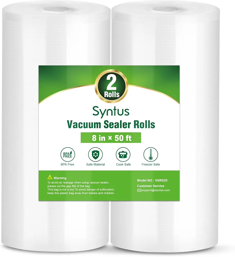 Syntus Vacuum Sealer Bags for Food, 2 Rolls 8" x 50' Commercial Grade Bag Rolls, BPA Free Food Vac Bags for Storage, Meal Prep or Sous Vide