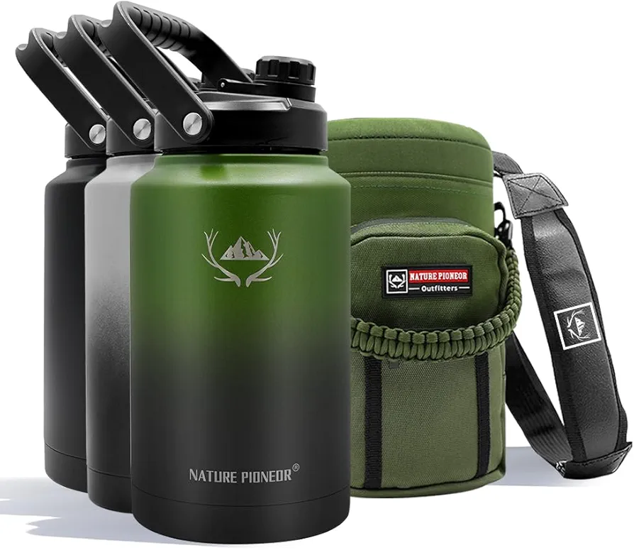 NATURE PIONEOR Insulated Water Bottles with Strap - 128 oz Stainless Steel Vacuum Water Bottle with Holder/Carrier/Sleeve - Reusable 18/8 Food Grade Thermos Water Jug