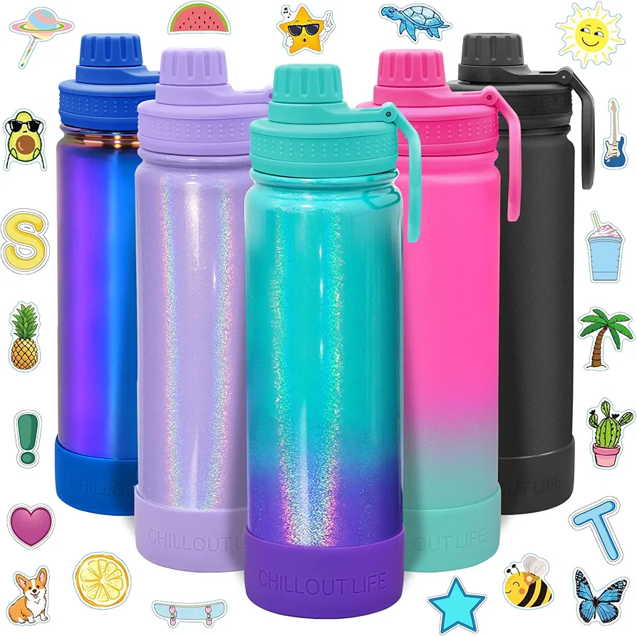 CHILLOUT LIFE 22 oz Kids Insulated Water Bottle for School with Leakproof Spout Lid and Cute Waterproof Stickers, Personalized Stainless Steel Thermos Flask Metal Water Bottle, Mermaid Sparkle